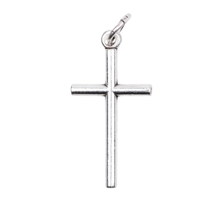 Croix de cou tube sans Christ en métal couleur argentée H. 2,5 cm.