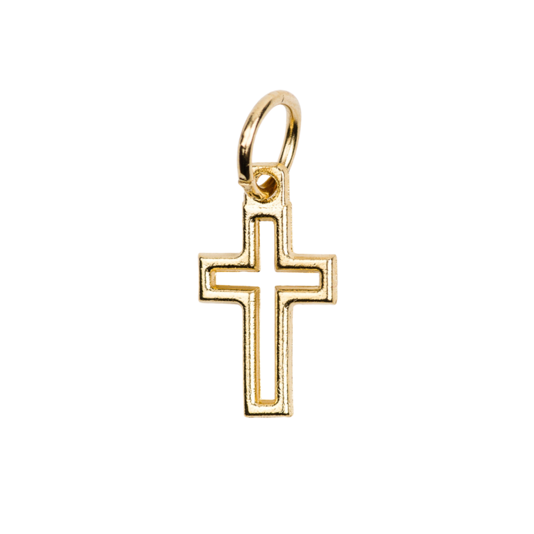 Croix de cou ajourée en métal couleur dorée H. 1,5 cm.