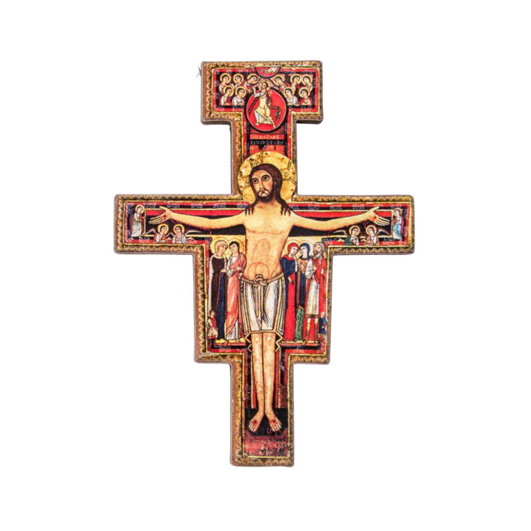 Croix de saint François image collée sur contre plaqué, H. 8 cm.