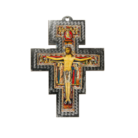 Croix de saint François bois mélaminé image collée couleur argentée, H.8 cm.