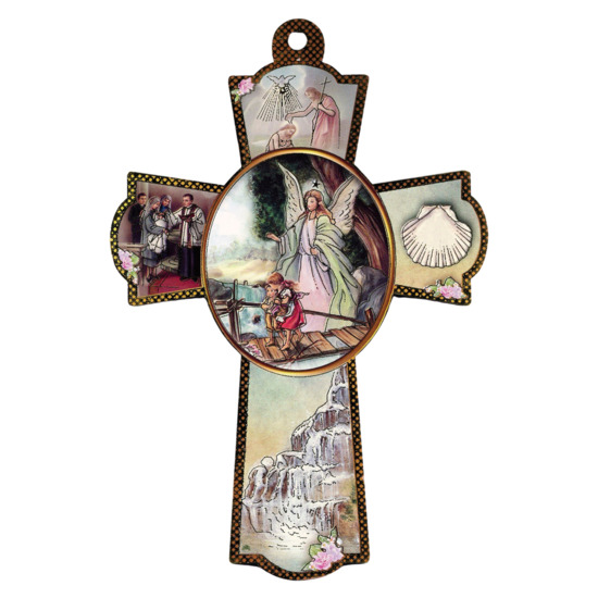 Croix à thèmes de l'Ange Gardien en bois compressé image redorée et collée 15 cm.