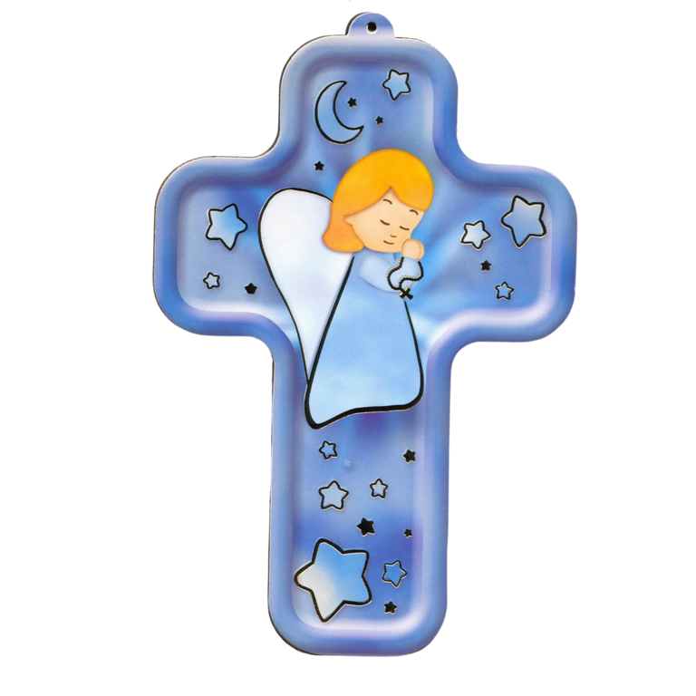 Croix enfantine ange fille en bois compressé image redorée et collée 13 cm.