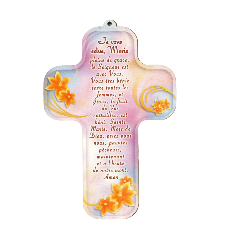 Croix enfantine avec prière je vous salue Marie en bois compressé image redorée et collée 13 cm.