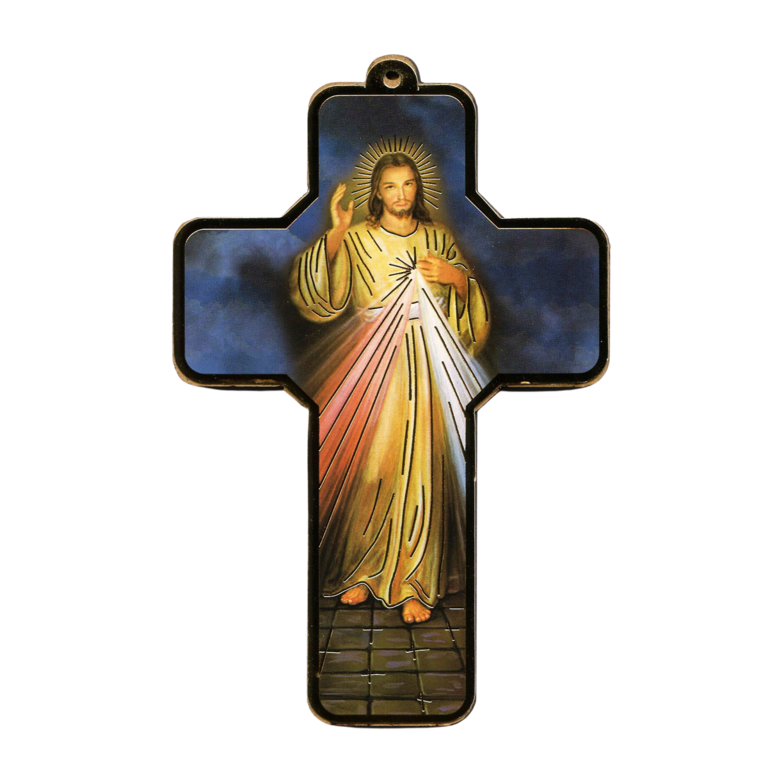 Croix du Christ Miséricordieux en bois compressé image redorée et collée H.12 cm.
