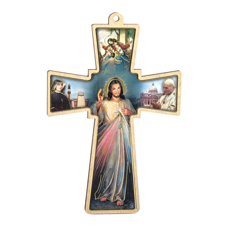 Croix en relief du Christ Miséricordieux en bois compressé image collée H.13,5 cm.