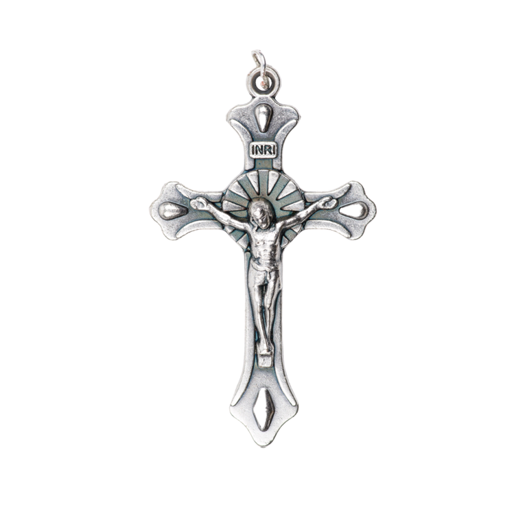 Croix de cou baroque avec Christ en métal couleur argentée H. 4 cm.