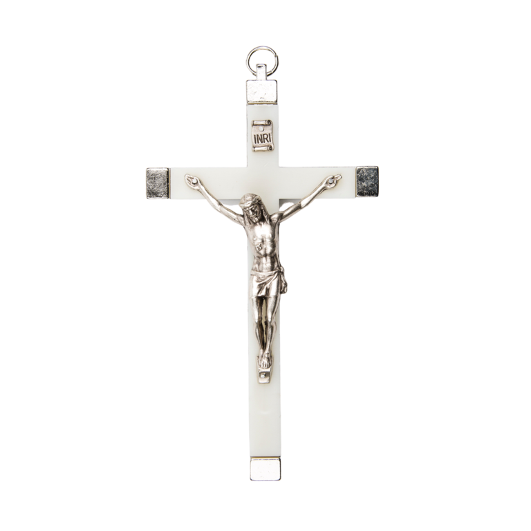 Crucifix métal couleur argentée surfacé fluorescent avec Christ métal.