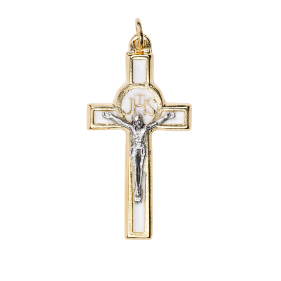 Croix de cou en métal couleur dorée émaillé blanc avec Christ et JHS H. 4 cm.