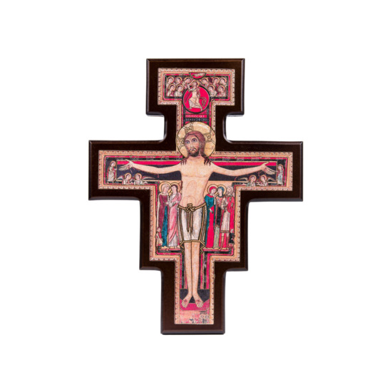 Croix de saint François en bois mélaminé image collée H. 25,7 cm.
