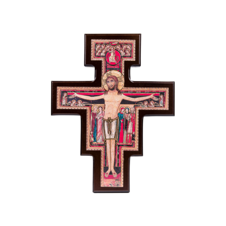 Croix de saint François en bois mélaminé image collée H.25.7 cm.