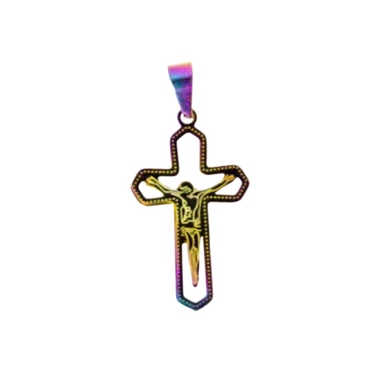 Croix de cou ajourée couleur arc en ciel avec Christ en acier inoxydable H. 3,1 cm.
