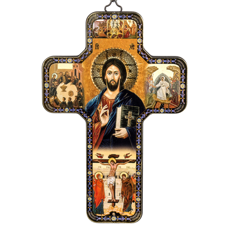 Croix icône en bois avec surimpression en relief dorée/argentée 12x18 cm du Christ Pantacrator