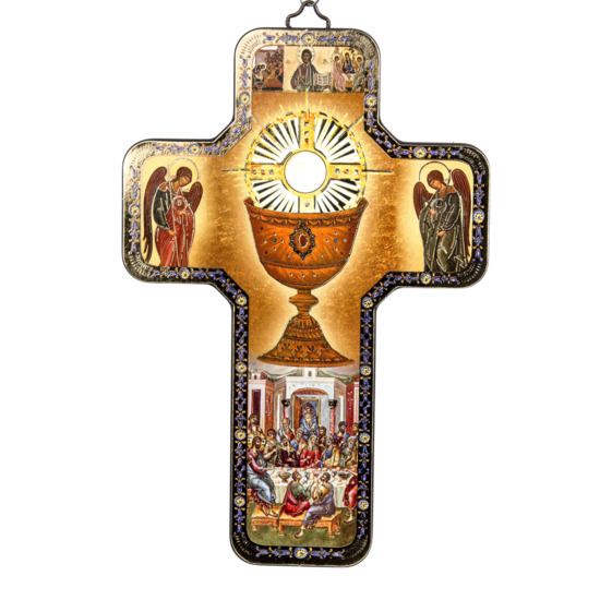 Croix icône en bois avec surimpression en relief dorée/argentée 12x18 cm de la communion