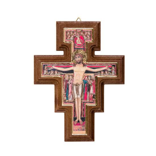 Croix de saint François en bois mélaminé relief image redorée  H.13 cm.