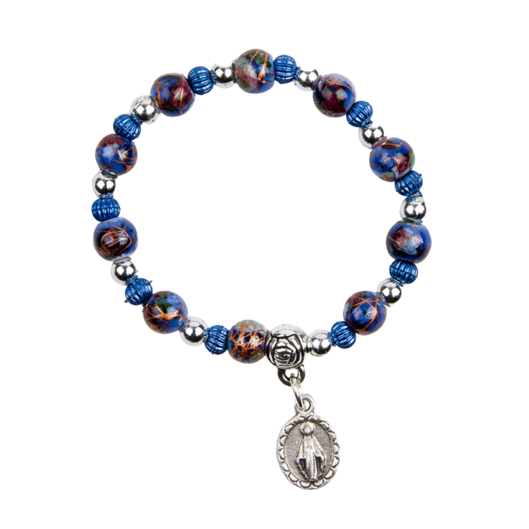 Bracelet dizainier sur élastique pour enfant avec grains marbrés Ø 6 mm et médaille Vierge Miraculeuse