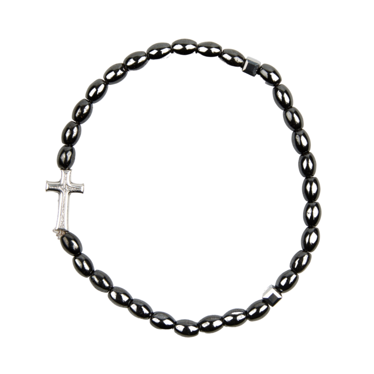 Bracelet sur élastique grains ovales hématite, Ø 4 mm, avec croix.