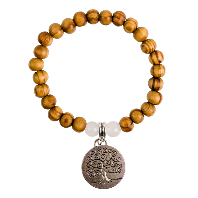 Bracelet sur élastique grains en bois grains pierre Ø 8 mm, médaille métal arbre de vie.