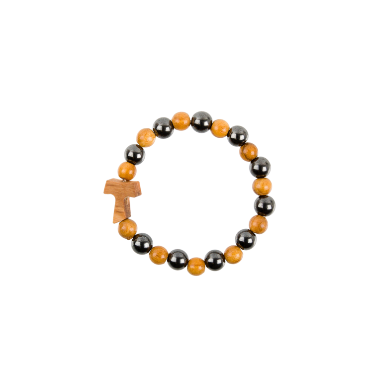 Bracelet dizainier sur élastique pour enfant grains en hématite et bois d'olivier Ø 4 mm, avec croix de Tau.