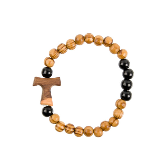 Bracelet sur élastique grains bois et grains noir en verre, Ø 8 mm, avec croix de Taux bois