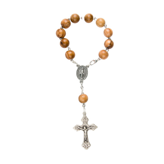 Dizainier sur chaîne en bois d'olivier Ø 10 cm, fermoir, croix en métal avec Christ.