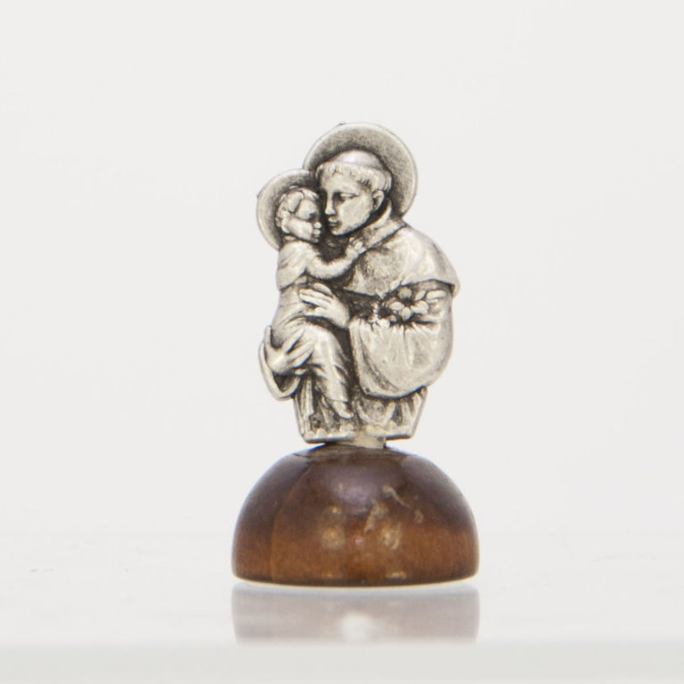 Mini statue buste en métal de saint Antoine sur socle bois hauteur 3.5 cm.