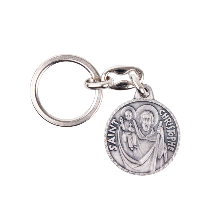 Porte-clés de saint Christophe en buste Ø 3 cm en métal couleur argentée.