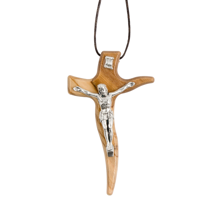 Crucifix en bois d´olivier en forme de clou avec Christ métal couleur argentée - H. 8 cm.