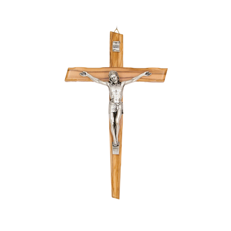 Crucifix en bois d´olivier biseauté avec christ métal couleur argentée - H. 20 cm.