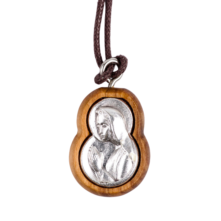 Pendentif en bois d'olivier Vierge en prière en métal incrusté H. 2 cm avec cordon 70 cm.