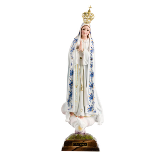 Statue Notre-Dame de Fatima "œil de verre" + manteau décoré de fleurs bleues et strass
