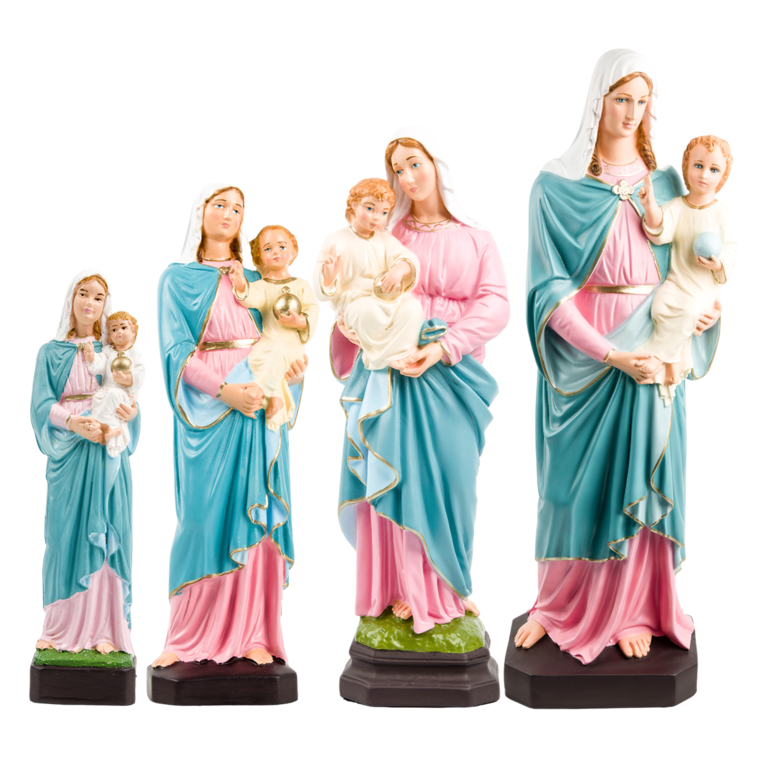 Statue en gomme et résine incassable intérieur/extérieur en couleur de la Vierge à l'enfant, plusieurs tailles.