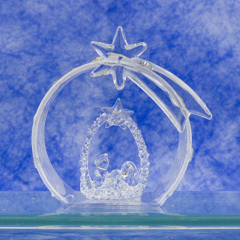 Nativité en verre dans arche de verre décorée avec des strass Ø 8 cm, livré en boîte.