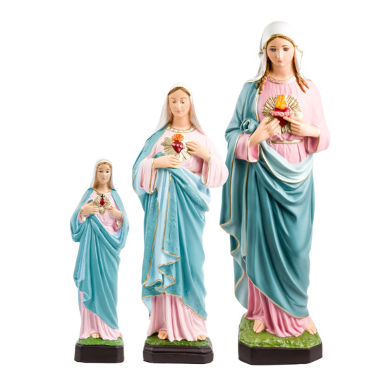 Statue en gomme et résine incassable intérieur/extérieur en couleur du Sacré Cœur de Marie, plusieurs tailles.