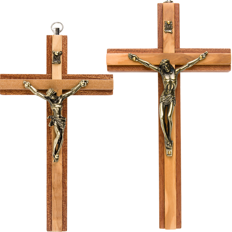 Crucifix en bois marron avec croix en bois d'olivier en relief et Christ métal bronzé.