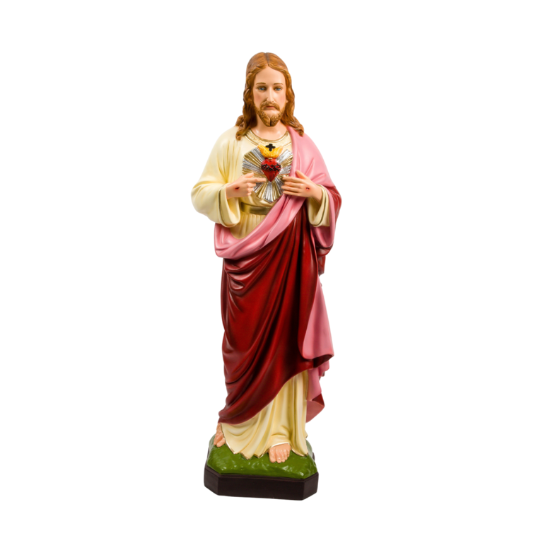 Statue en gomme et résine incassable intérieur/extérieur en couleur du Sacré Cœur de Jésus, plusieurs tailles.