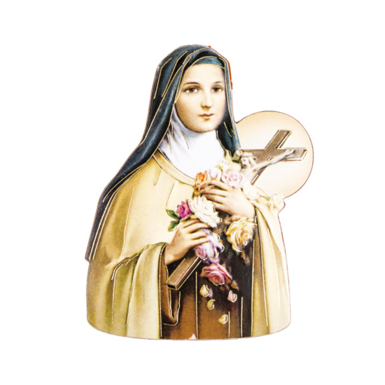 Magnet ou support à poser en bois H. 7 cm forme silhouette image collée de sainte Thérèse.