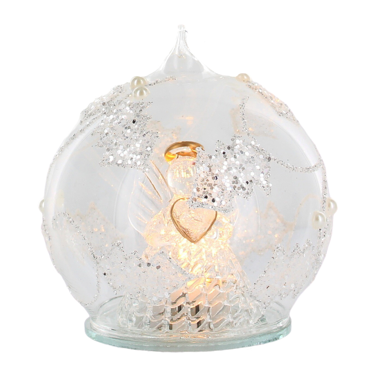 Ange en verre robe lumière tournante dans boule en verre décorée,  Ø 8 cm, livré en boîte.