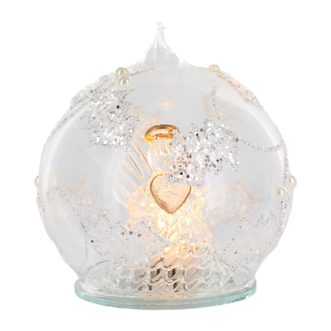 Ange en verre robe lumière tournante dans boule en verre décorée,  Ø 8 cm, livré en boîte.