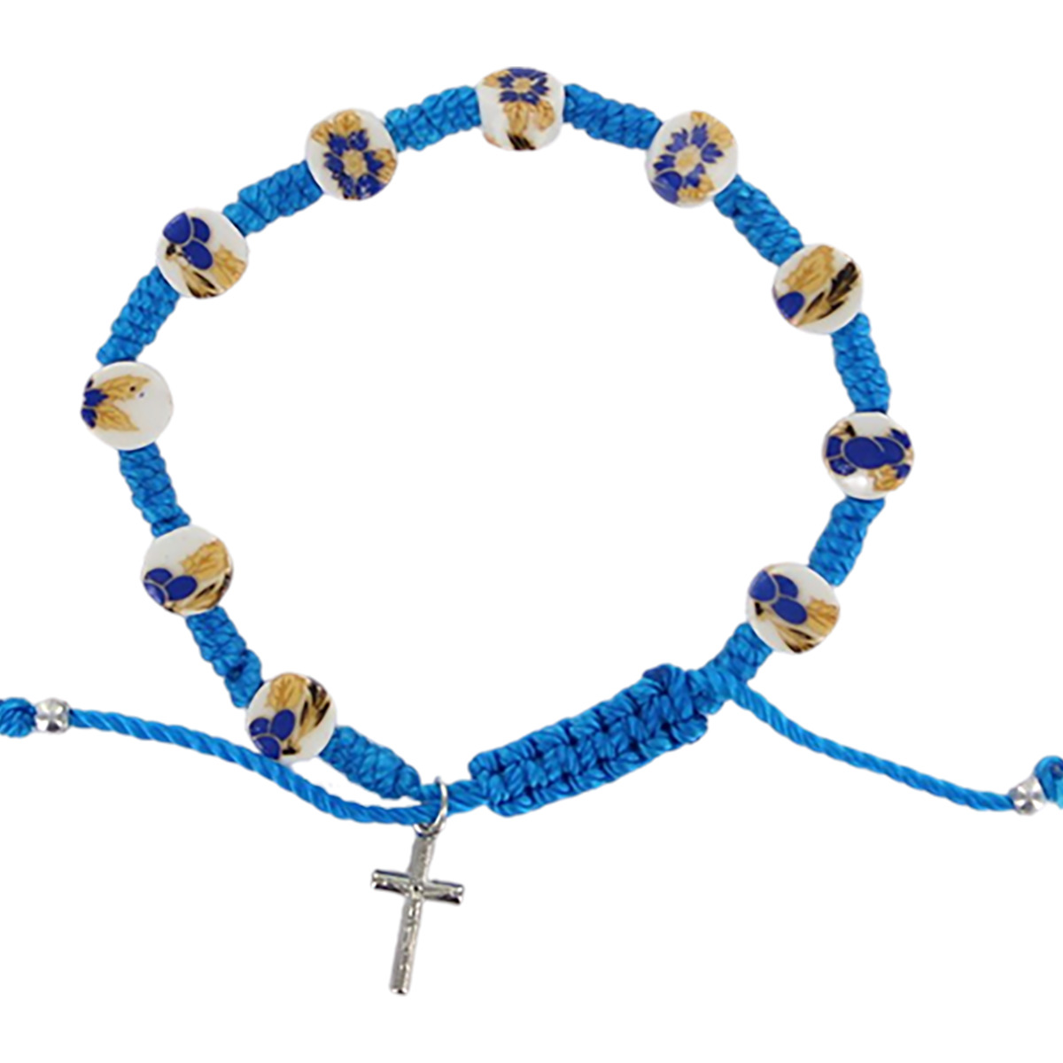 Bracelet dizainier sur corde réglable grains céramique, Ø 7 mm avec croix métal.