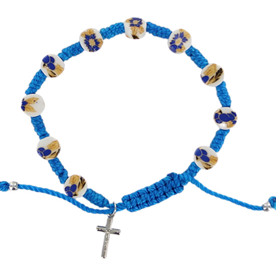 Bracelet dizainier sur corde réglable grains céramique, Ø 7 mm avec croix métal.