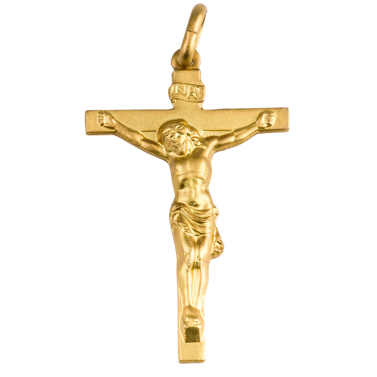 Croix de cou avec Christ en plaqué or 3 cm. Livrée en boîte.