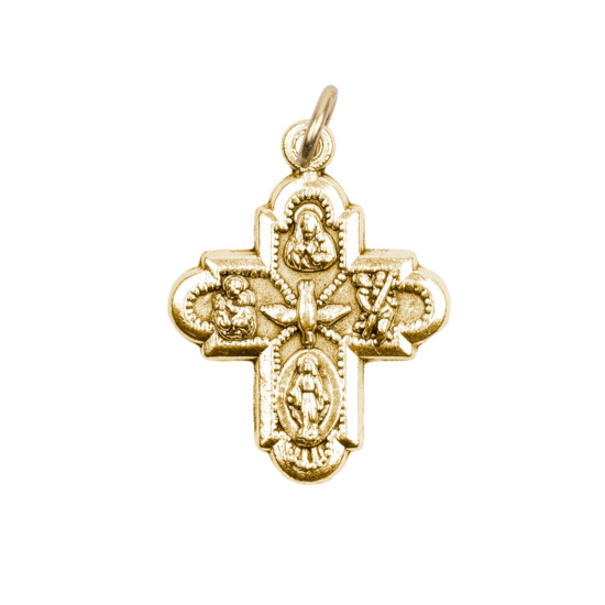 Croix de cou des saints protecteurs double face en métal couleur dorée H. 2,7 cm.