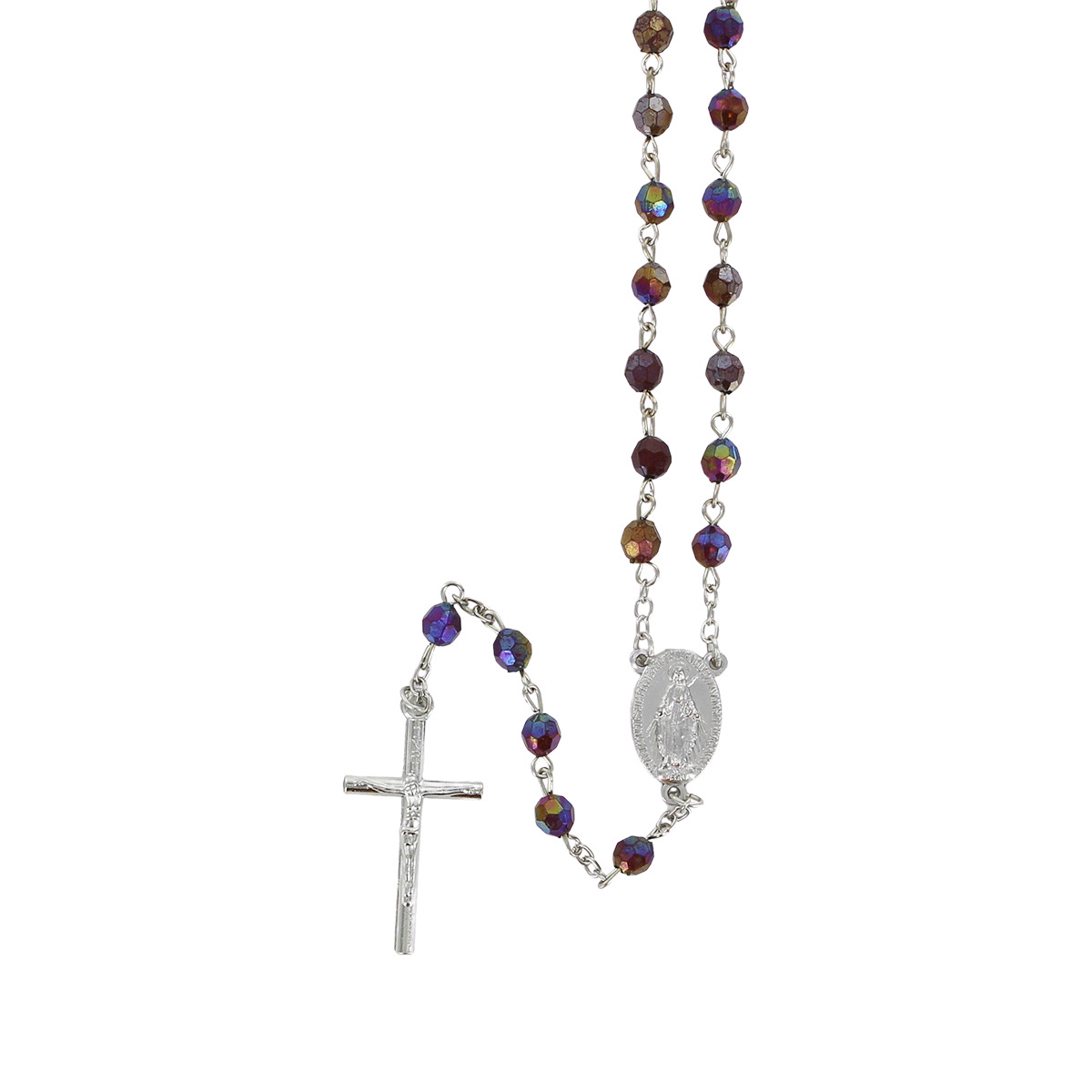 Chapelet grains à facettes, Ø 7 mm, chaîne couleur argentée, longueur au cœur 34 cm, croix avec Christ.