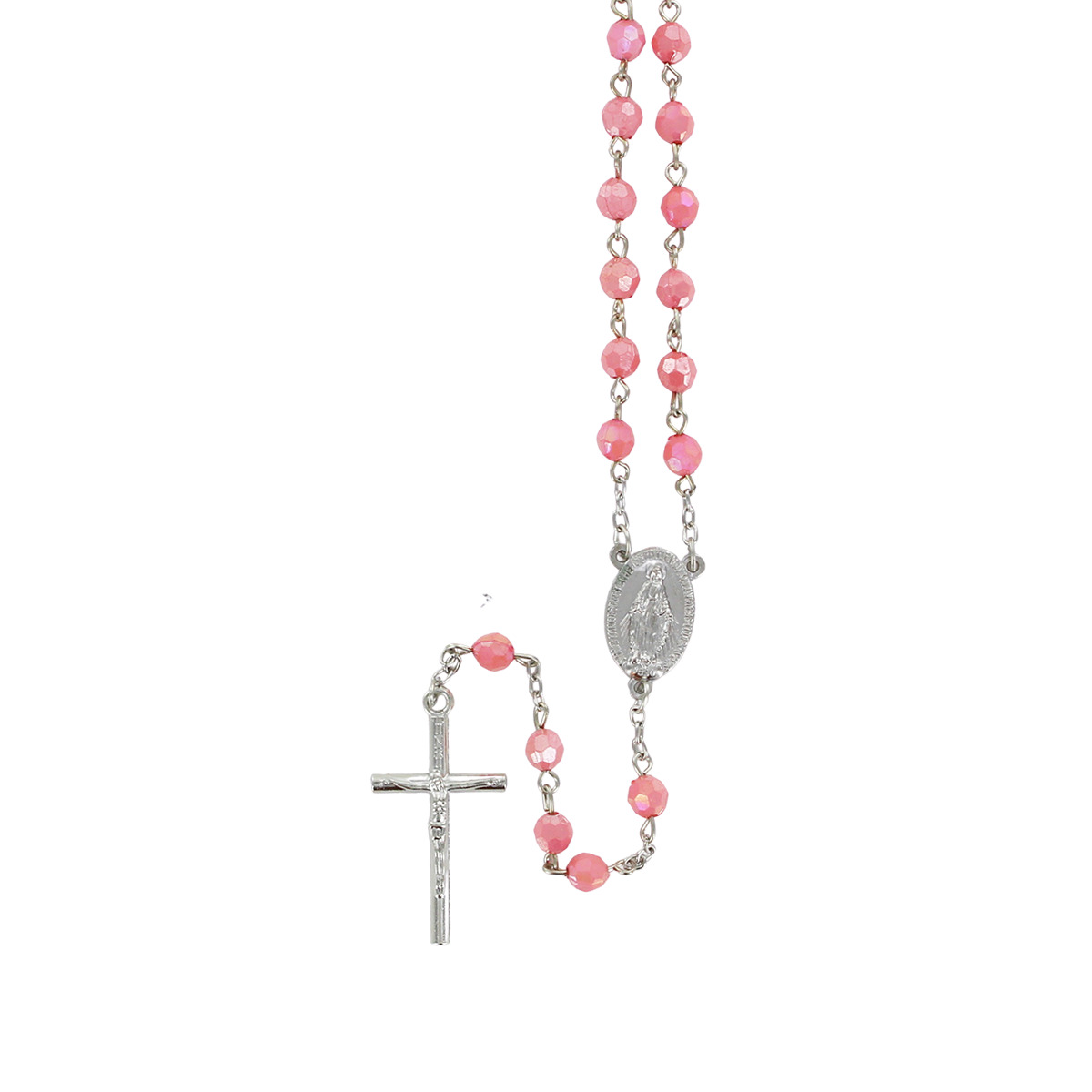 Chapelet grains à facettes, Ø 7 mm, chaîne couleur argentée, longueur au cœur 34 cm, croix avec Christ.