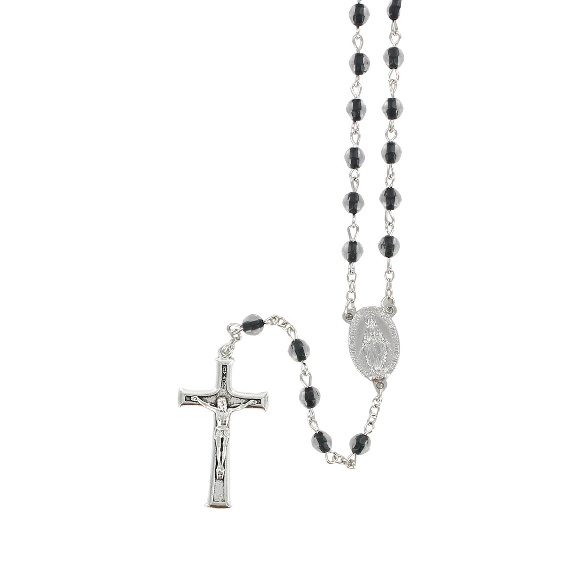 Chapelet grains oeil de chat à facettes, Ø 5 mm, chaîne couleur argentée, longueur au cœur 33 cm, croix avec Christ.