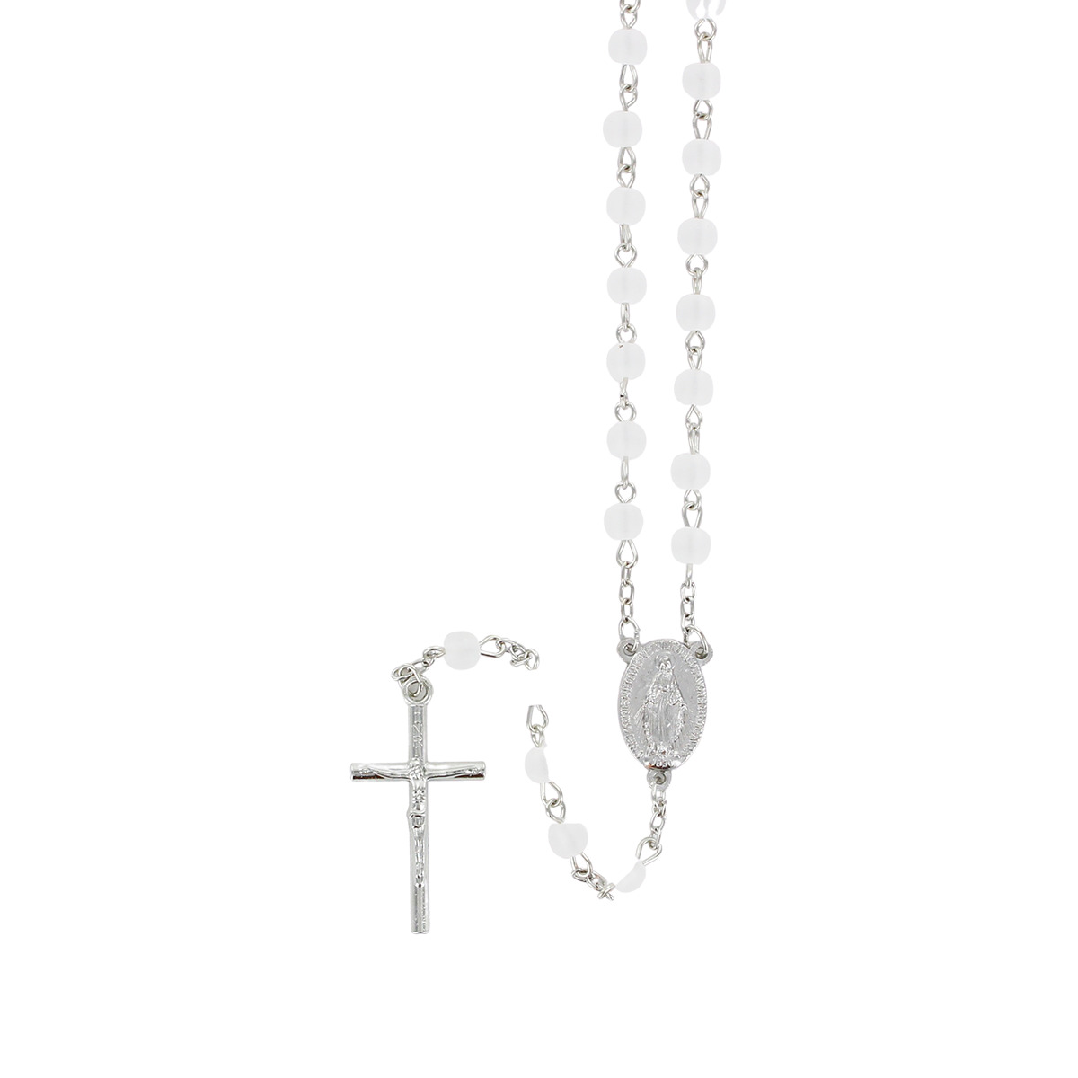 Chapelet grains opaques, Ø 6 mm, chaîne couleur argentée, longueur au cœur 33 cm, croix avec Christ.