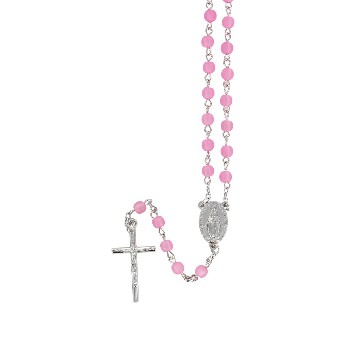 Chapelet grains opaques, Ø 6 mm, chaîne couleur argentée, longueur au cœur 33 cm, croix avec Christ.