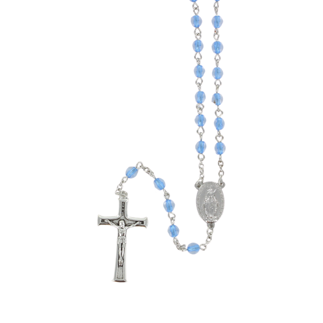 Chapelet grains oeil de chat à facettes, Ø 5 mm, chaîne couleur argentée, longueur au cœur 33 cm, croix avec Christ.