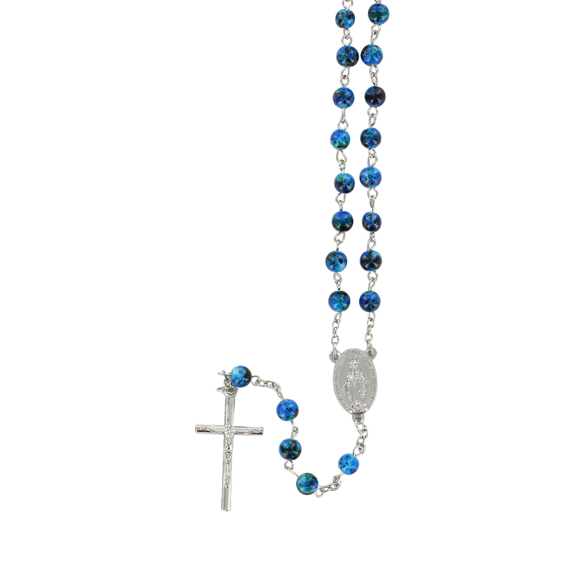 Chapelet grains tachetés ,Ø 7 mm, chaîne couleur argentée, longueur au cœur 34 cm, croix avec Christ.