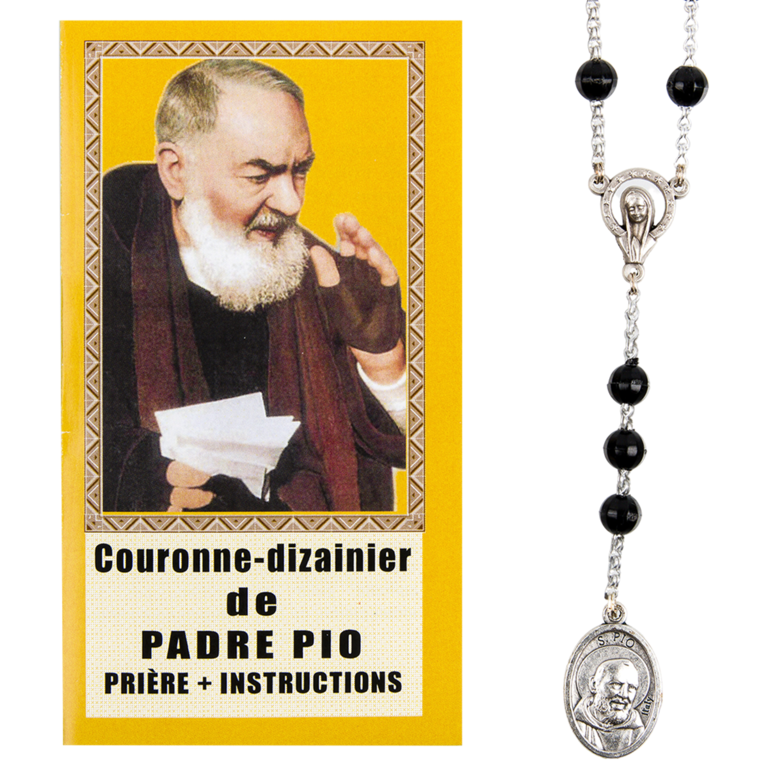 Couronne de dévotion de Padré Pio grains en plastique avec notice explicative, livré en sachet individuel.